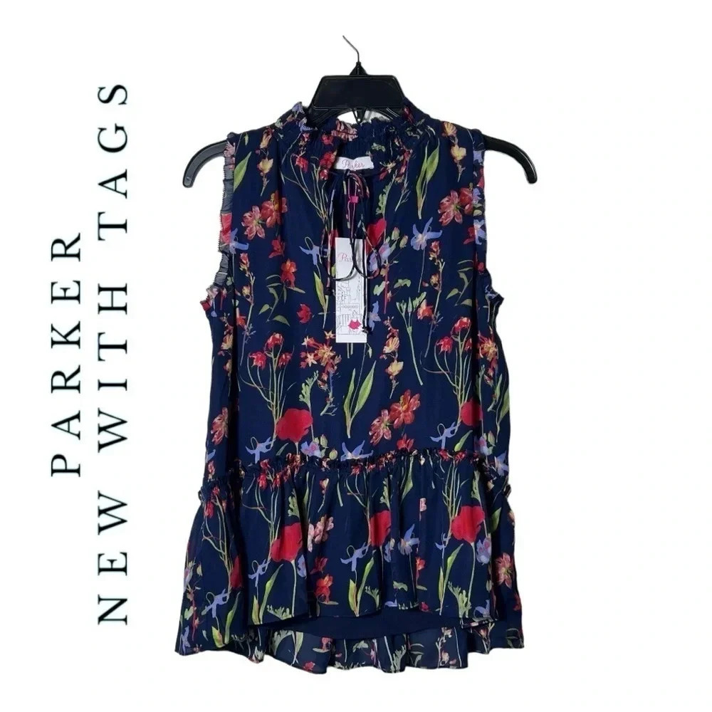 1859. PARKER SLEEVELESS MOCK NECK BLOUSE RUFFLES SIZE XSMALL NAVY BLUE/FLORAL